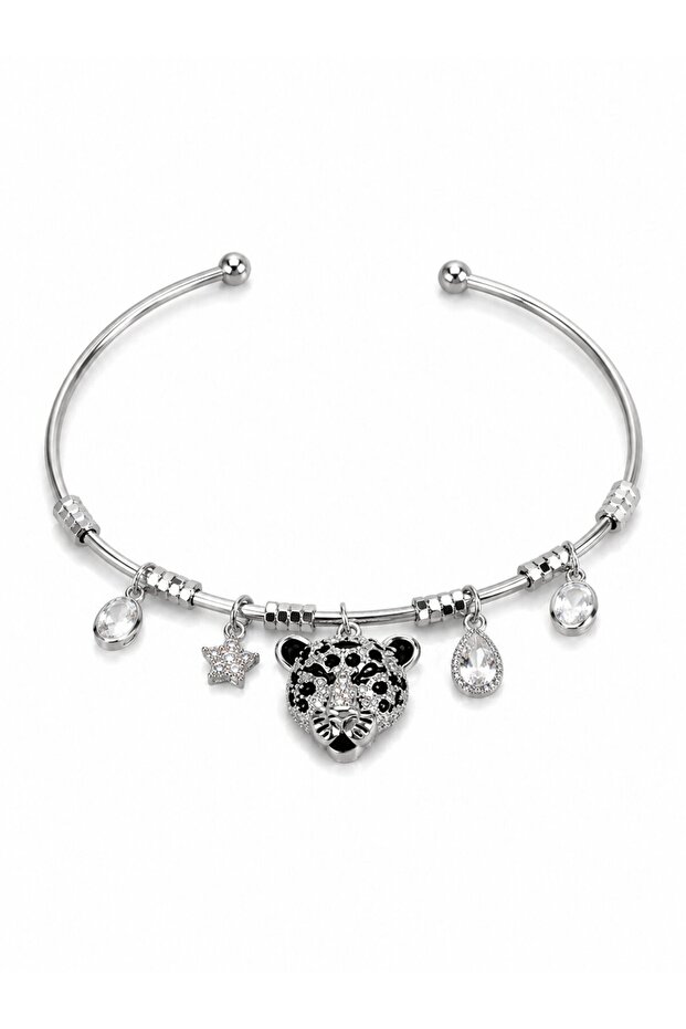 Brass Silver Color Leopard Detailed Charm Women's Bracelet