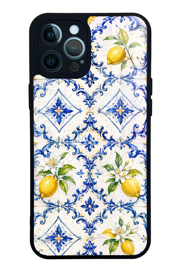iPhone 12 Pro Max Glossy Phone Case with Sapphire Lemon Tiles Design