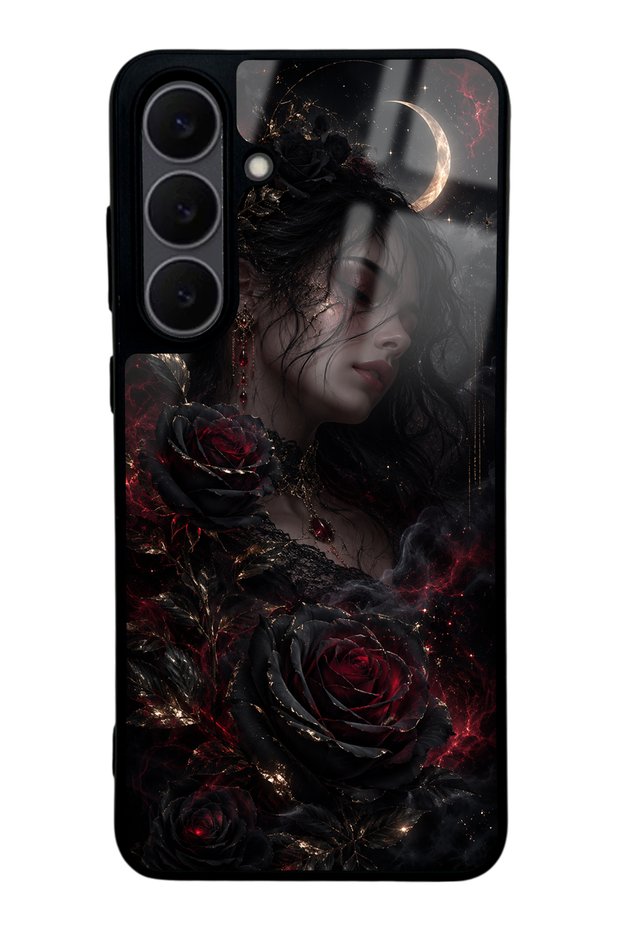 Samsung S25 Fe Glossy Phone Case with Crimson Moon Rose Design