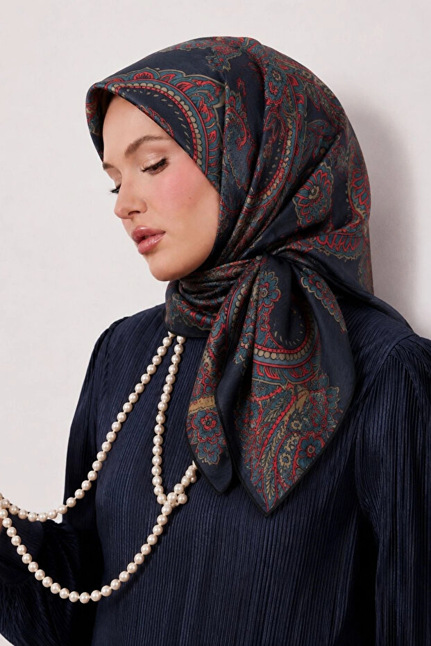 وشاح من القطن والحرير منقوش LS2207 نمط الشال 07- أزرق داكن-أخضر بترولي-رمادي-طاباقي