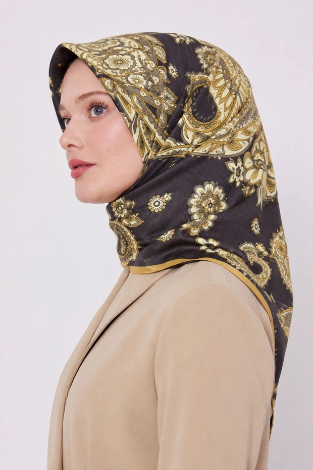 Patterned Cotton Silk Scarf Ls2207 02-Angular Coffee-Light Mink-Mustard