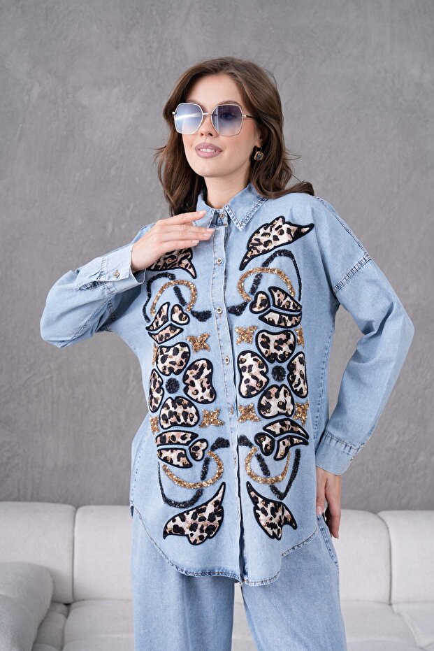 Women's Sequin Embroidery Detailed Shirt and Jeans Set