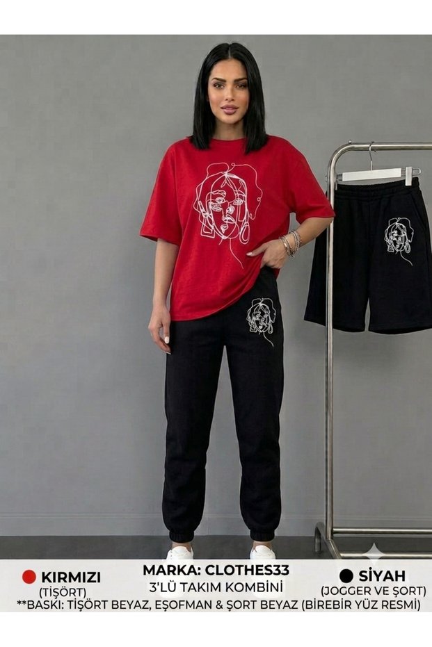 T-Shirt, Sweatpants, Shorts 3-Piece Combination Thin Summer Leopard Heart Printed Women's / Girls' Model
