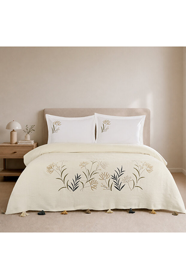 Zaria Double Embroidered Bedspread Cream (4 Pieces) 200X220 Cream