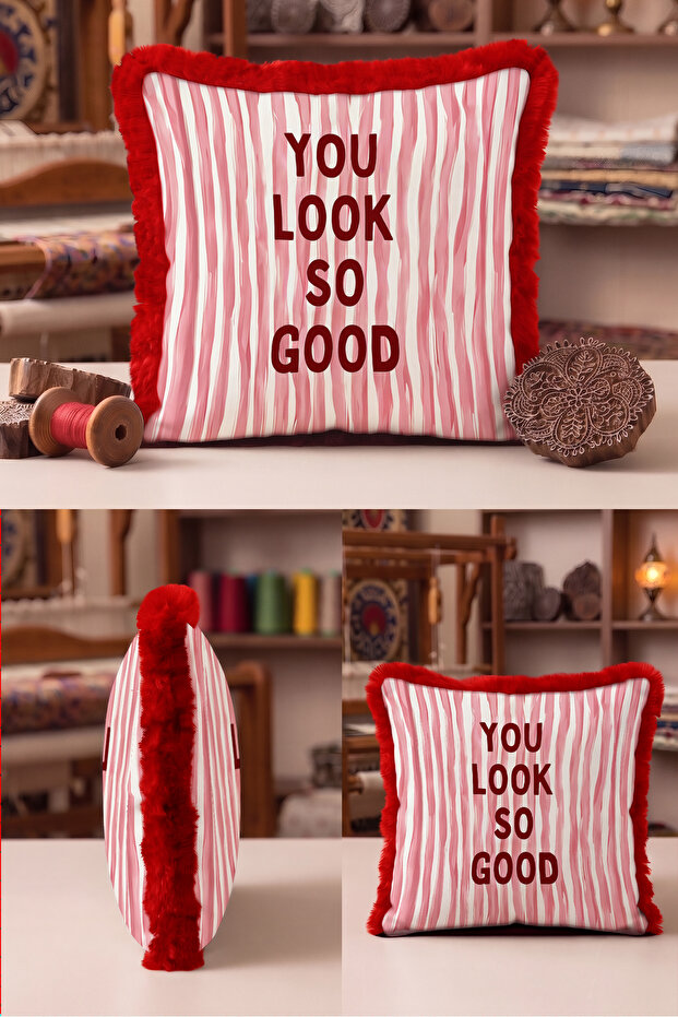 Striped Glam Fringed Pillowcase - Text-Themed Bohemian White Pink Burgundy Tassel Throw Pillow Cover
