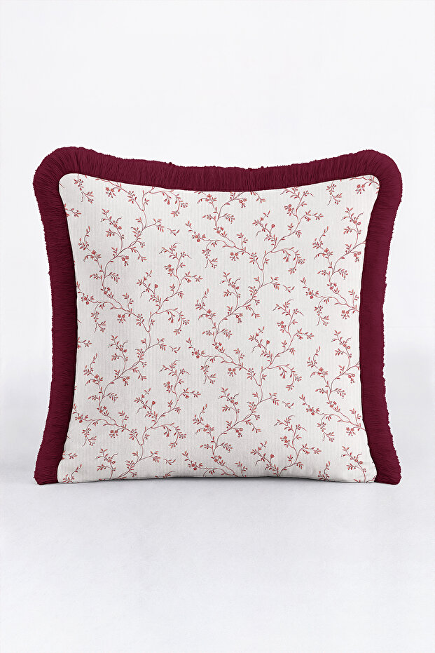 Elegant Floral Branch Pattern Stylish Fringed Pillowcase-Floral Country Ecru Cream Tassel Throw Pillow Cover