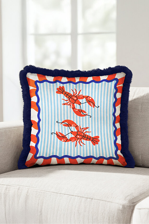 Sea Lobster Marine Fringed Pillowcase - Coastal Blue Orange Navy Blue Tasseled Throw Pillow Cover