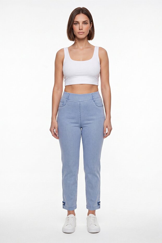 Women's Indigo Summer High-Waisted Pants with Embroidered Cuffs and Pockets 42-48