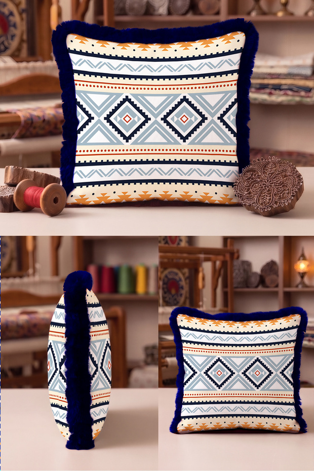 Ethnic Geometric Fringed Pillowcase - Aztec Navajo Blue Orange Navy Blue Tassel Throw Pillow Cover