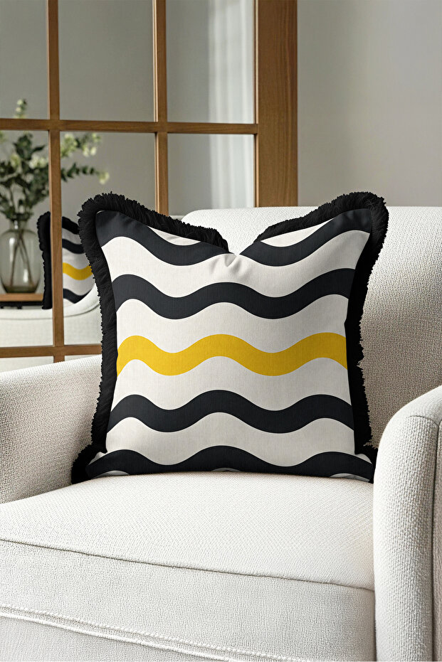 Wave Pattern Fringed Pillow Cover - Geometric Stripe Bohemian Yellow Black Tassel Throw Pillow Cover