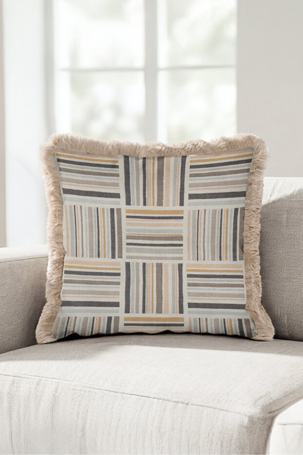 Striped Geometric Fringed Pillowcase - Patchwork Bohemian Mink Gray Cream Tassel Throw Pillow Cover