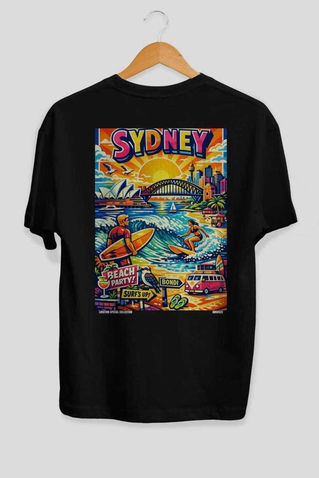 Sydney Australia 2 Black Oversize Country City Back Printed Unisex T-Shirt 100% Cotton Premium