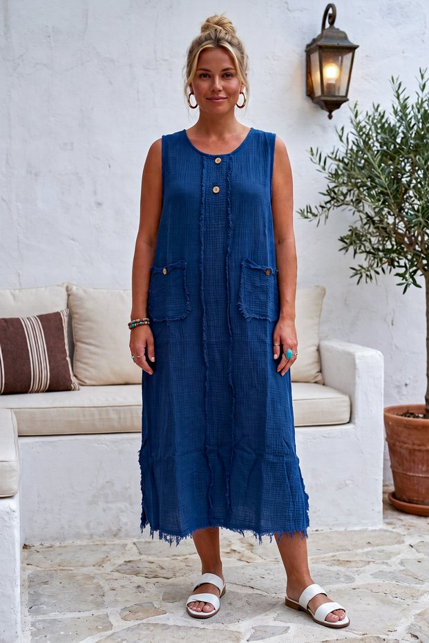 Dark Blue Pool Collar Sleeveless Double Pockets Washable Dirty Stitched Casual Muslin Long Woven Dress 120 62