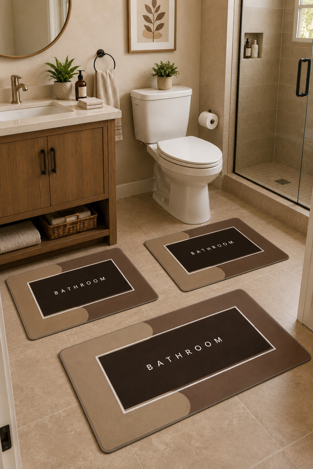 Non-Slip Base Washable 3-Piece Plain Brown Bath Mat and Toilet Set – Modern Bathroom Rug