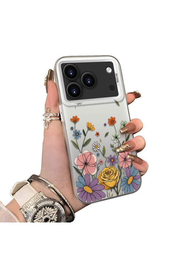 حافظة هاتف متوافقة مع iPhone 17 Pro مصنوعة من السيليكون بحافة صلبة وخلفية صلبة بنمط زهور
