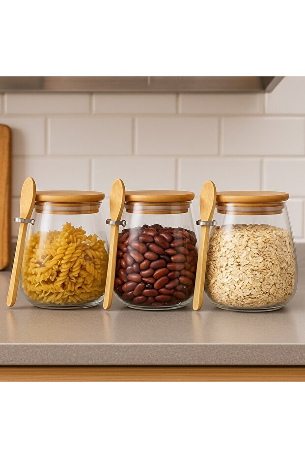 Chubby 3-Piece Borosilicate Glass Jar with Bamboo Lid Spice Rack Set 600 ml