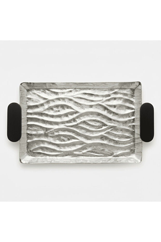 Luhpar Wave Textured Aluminum Rectangular Serving Tray with Black Wooden Handles - 40×26 cm - 74893-A