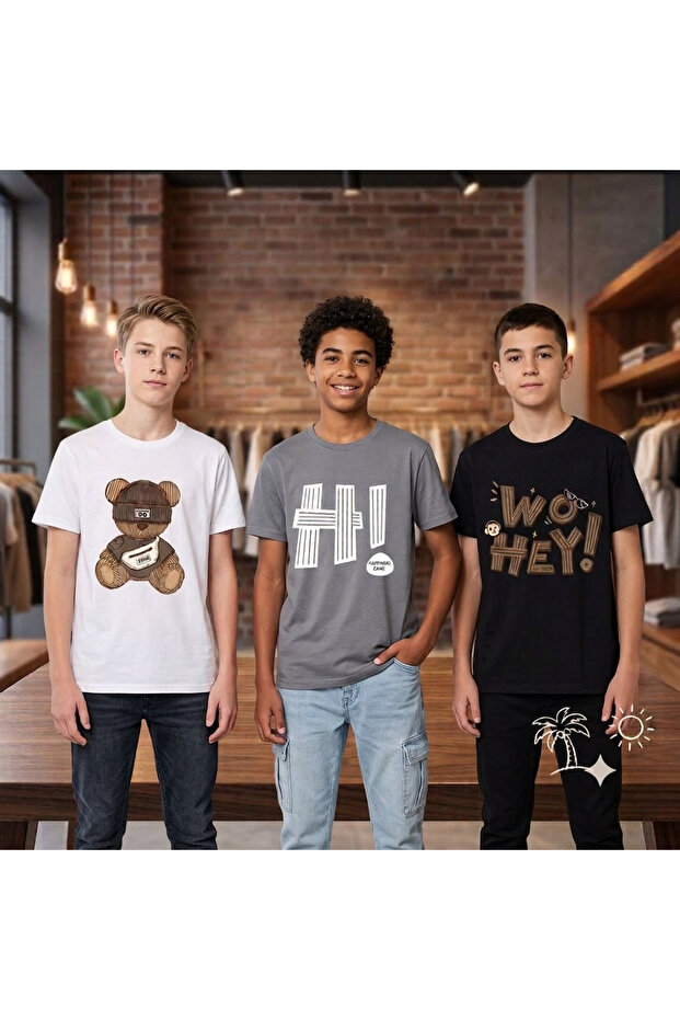 Summer 3-Pack Boy's T-Shirts Gray Black and White