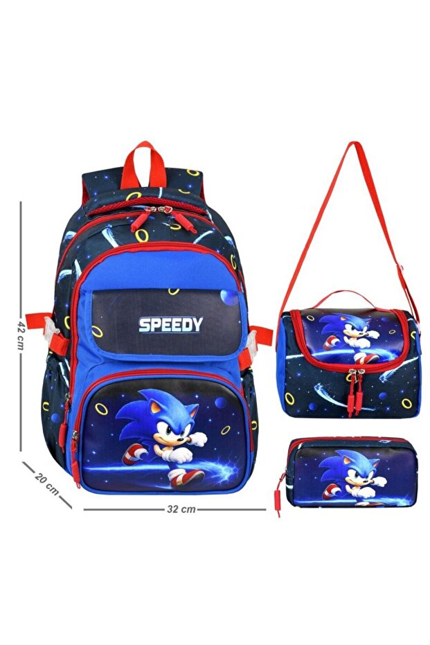Blue Red Sonic Leather Printed Themed Elementary School Backpack with Thermal Lunch Bag and Pen Holder 26206