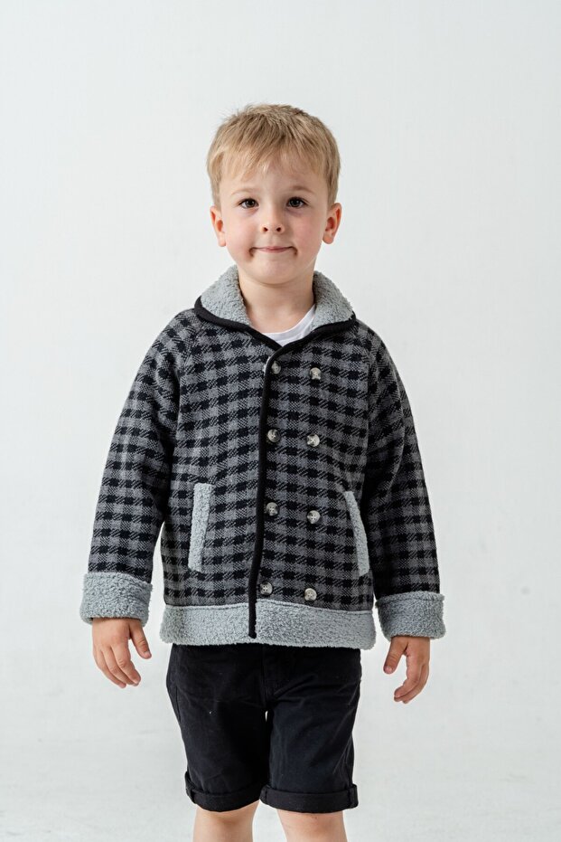 1-5 Years Old Boy's Gingham Cardigan with Velsofl on the Inside 23209