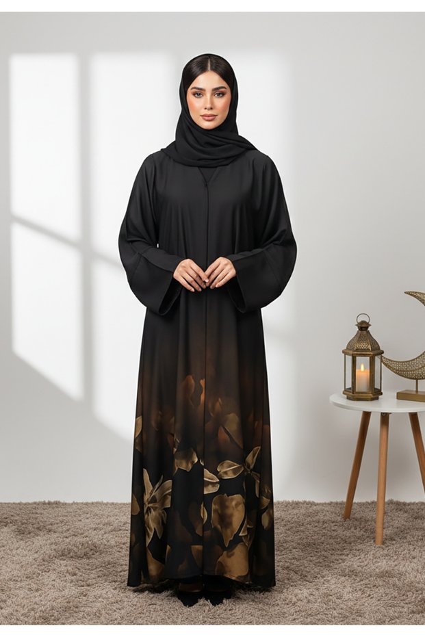 Elegant Black and Gold Floral Print Abaya-852