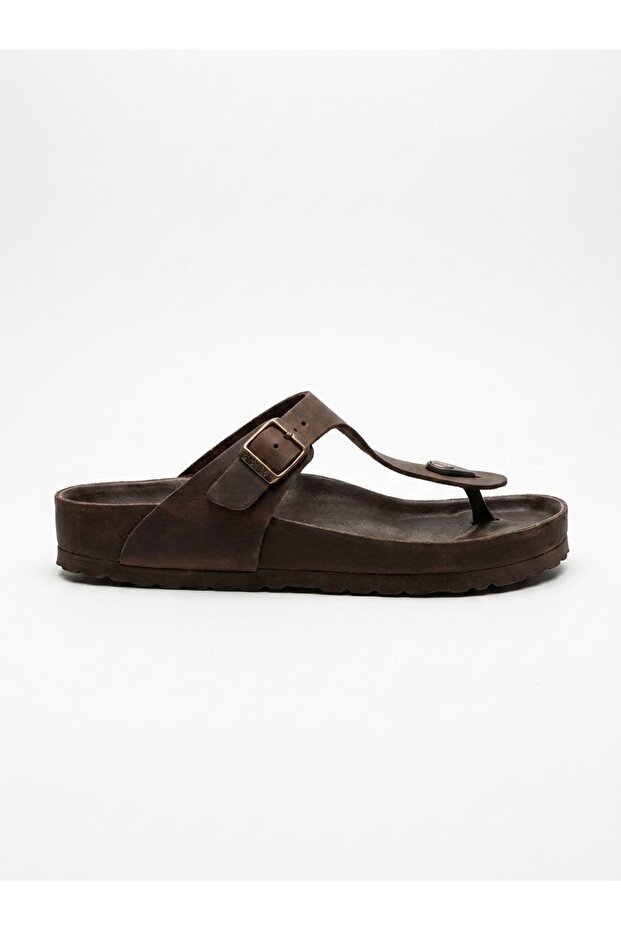 Ck104-Crz Genuine Leather Dark Brown Flip Flops Unisex Orthopedic Slippers