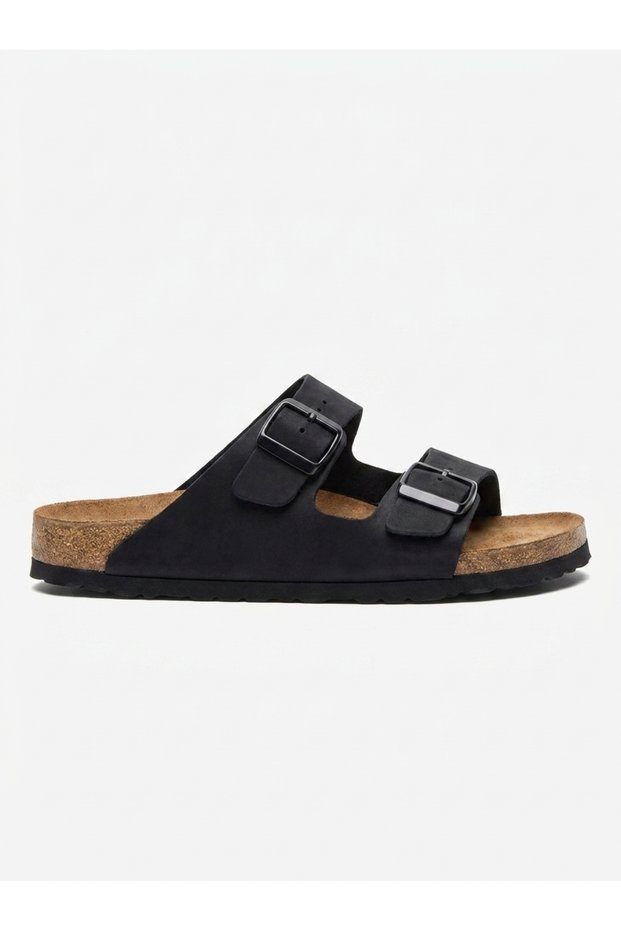 Unisex Mc205-Nub Genuine Leather Black Nubuck Double-Strapped Orthopedic Cork Slippers