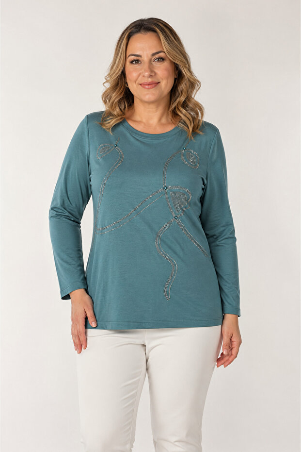 Women's Stone Printed Long Sleeve Crew Neck Combed Cotton Blouse Y26-663-Emerald