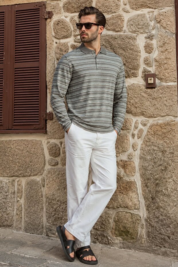 Gray Regular Fit Striped Polo Collar Men's T-Shirt E7192