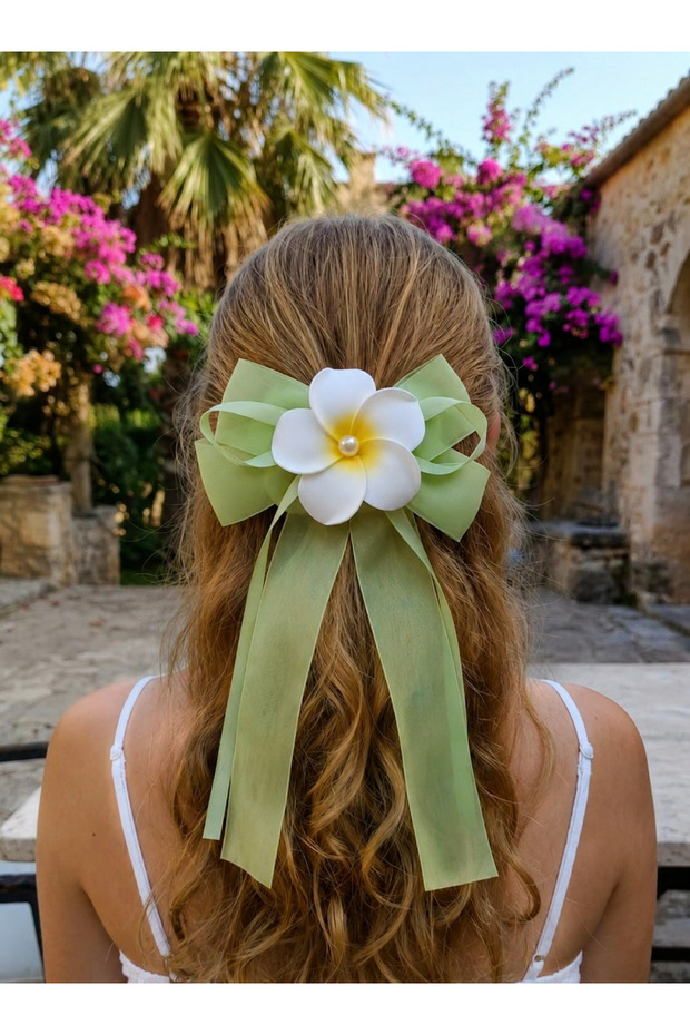 Bow Model Lotus Figured Ribbon with Ribbon Tassel Pistachio Green Color 14 cm Organza Automatic Buckle