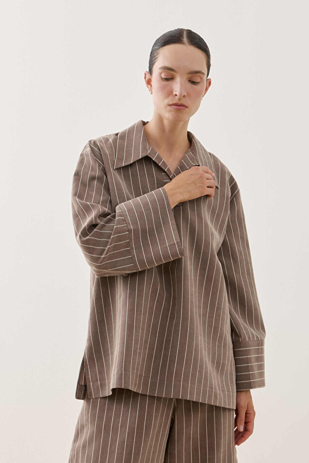 Striped Patchwork Modal Shirt Brown
