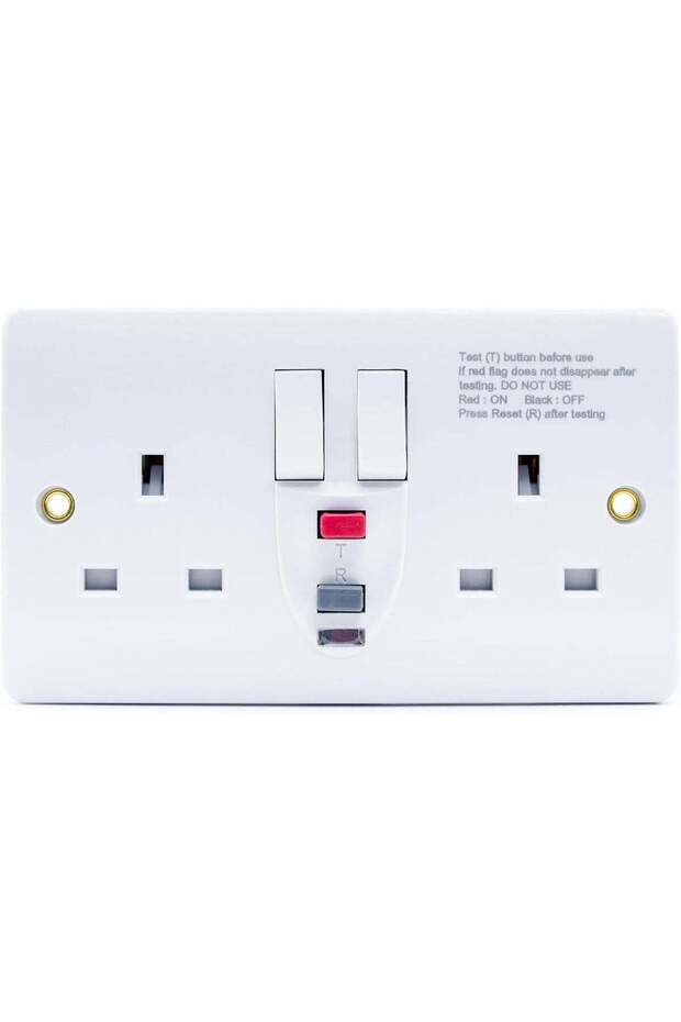 Double Wall Socket with RCD Protection, 2-Gang 13A Switched Outlet, White
