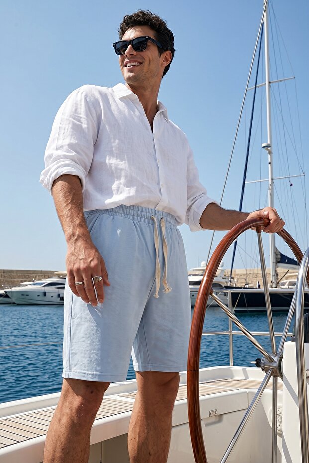 Pacho Premium 100% Cotton Men's Blue Elastic Lace-Up Regular Fit Shorts
