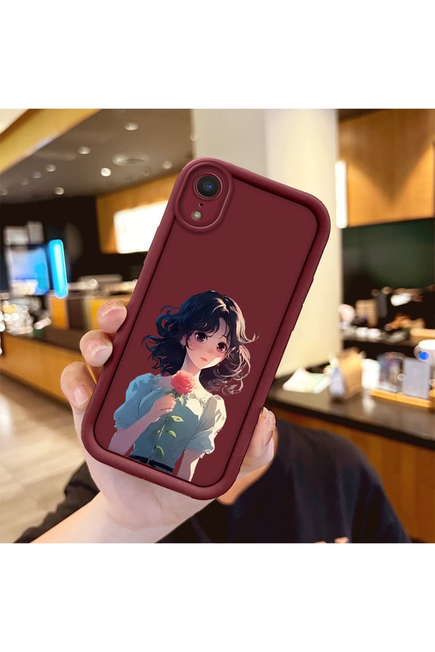 iPhone Xr Compatible Case Camera Protector Burgundy Silicone Couple Phone Case Girl Pattern