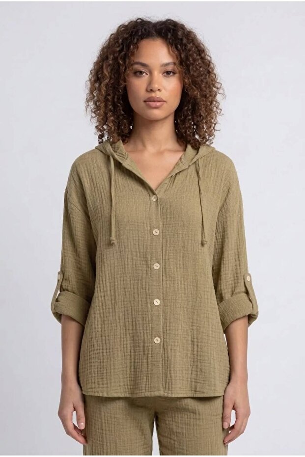 Women's Hooded Muslin Shirt Oversize Relaxed Fit 100% Cotton - Olive Green