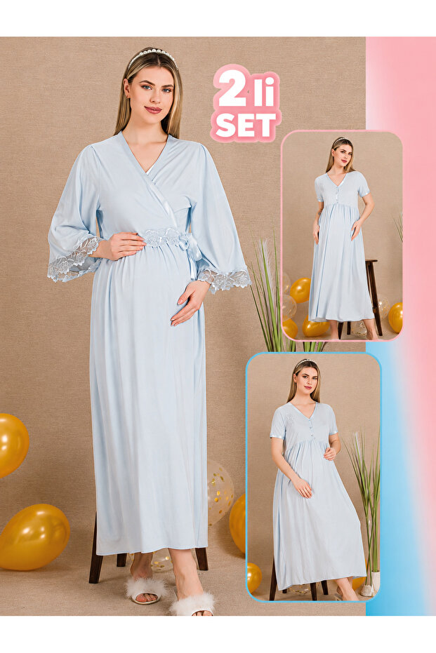 Blue 2-Piece Maternity Nightgown Set – Long Model with Lace Detail