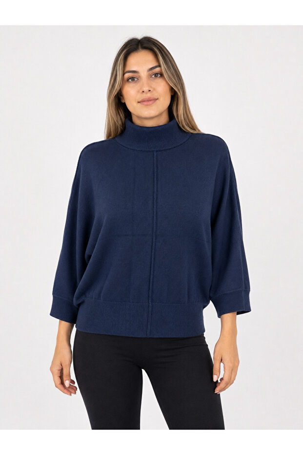 Women's Navy Blue Knitwear High-Neck Blouse
