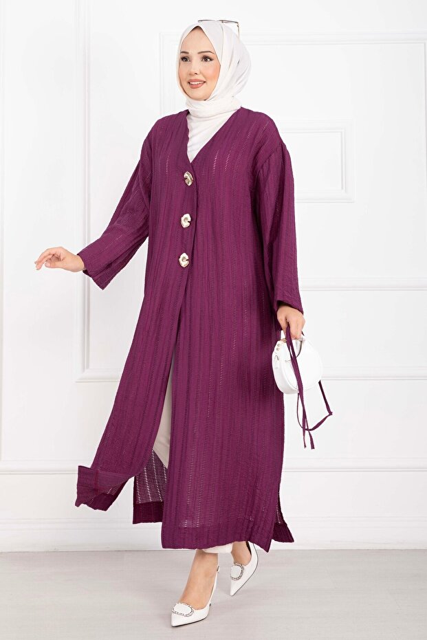 Gold Buttoned Lace-Up Long Kimono Plum
