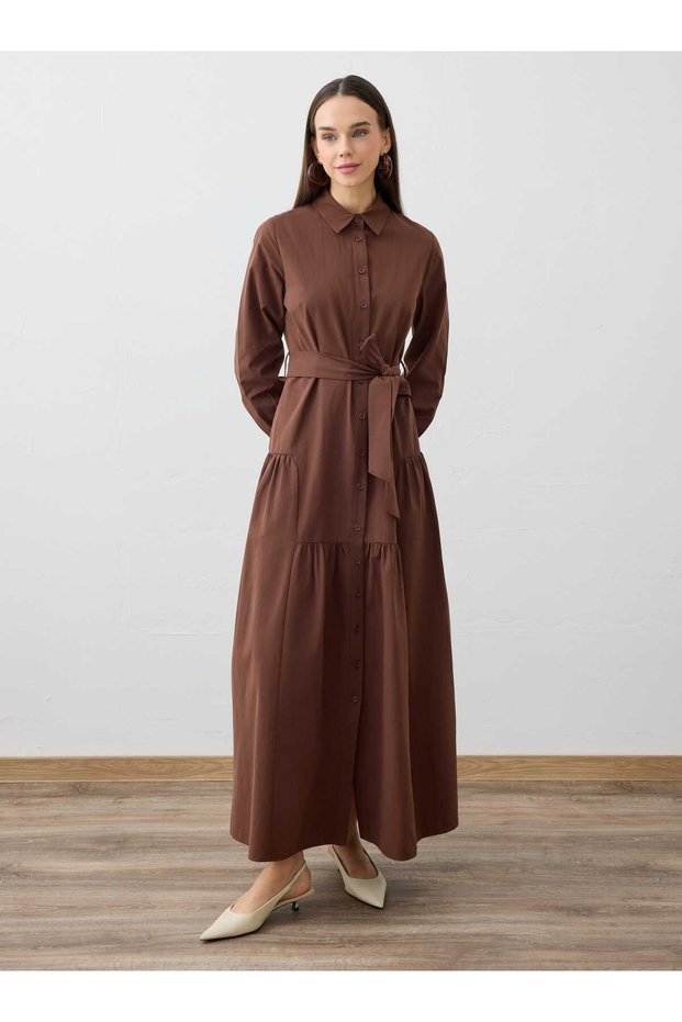Belted Hijab Dress with Cut-Out Skirt Detail - Brown -