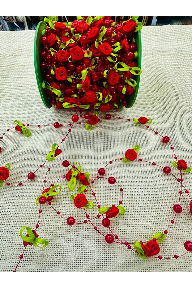 Red Pearl and Rose Ribbon – Decorative Satin Rose Pearl Sequence, Wedding and Marriage Decoration Accessory 20 Mt