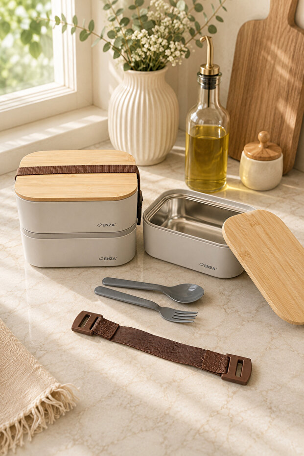 Woodshell Wooden Lid304Steeldouble Layer400 ml X 2 Food Storage Container