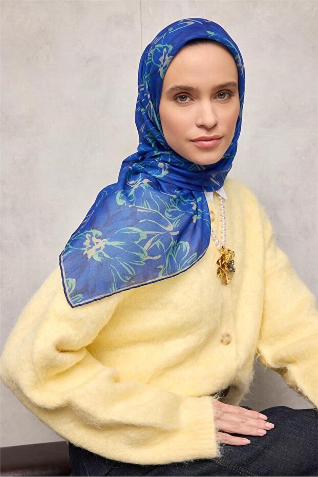 Cotton Polyester Scarf Cobalt Blue-Caramel Green Navy Blue Botanical Patterned Soft Textured Durable 90X90