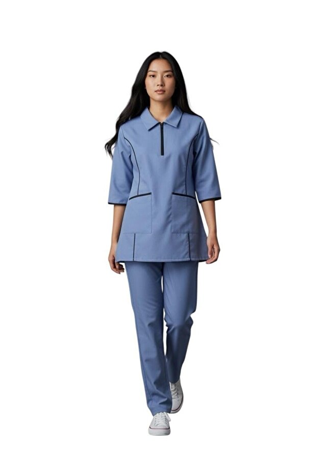 Housemaid Uniform/Nurse Uniform/Medical Scrub Set with Black Piping - Two Patch Pockets on Top, Comfortable & Durable (Grey, XXL)