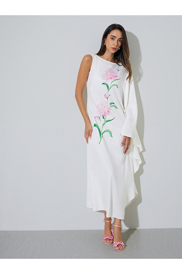 Off White Floral One Shoulder Kaftan Maxi Dress