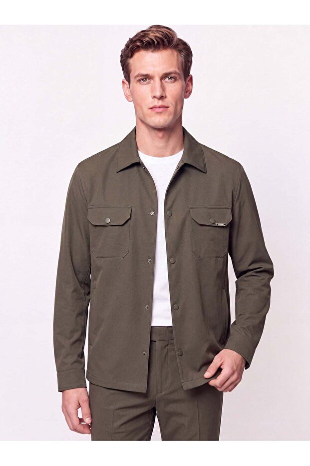 Comfort Fit Side Pockets Flexible Cotton Snap Fasteners Khaki Shirt Jacket C 736