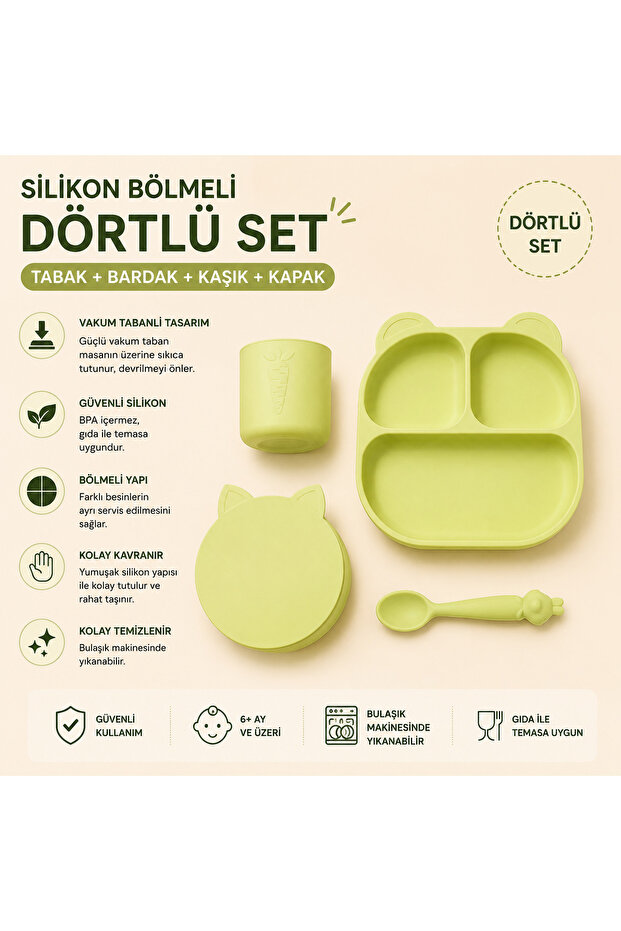Mio Silicone Food Set 4-Piece - Compartmentalized Vacuum Base Silicone Food Plate, Spoon, Training Cup, Bowl with Lid Bpa-Free Lime Green