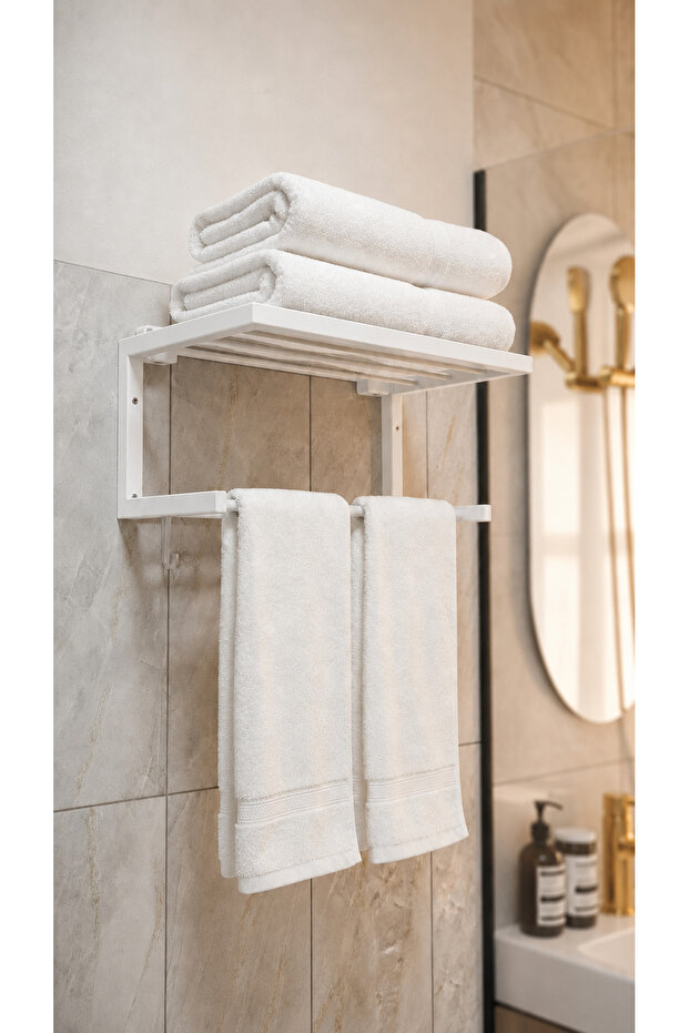 Stainless Metal Towel Holder Bathroom Shelf 2-Tier Robe Holder Rack Towel Rack Shampoo Holder