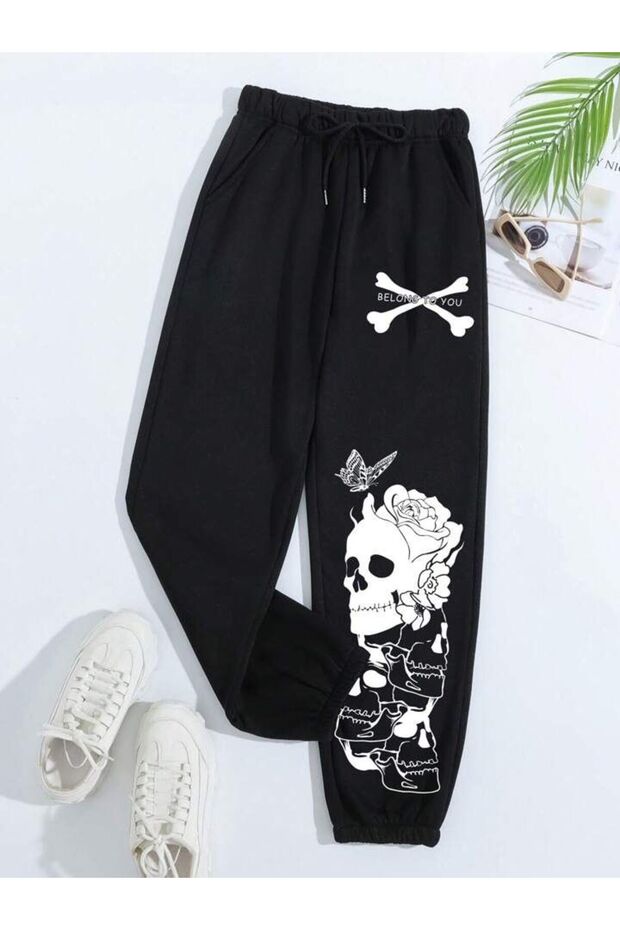Unisex Floral Motif Front Printed Baggy Trousers