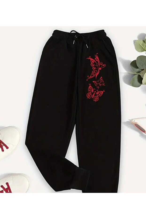 Unisex Butterfly Front Printed 2 Thread Combed Cotton Baggy Trousers