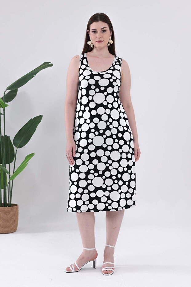 Women's Black Polka Dot Patterned Strappy Plus Size Dress
